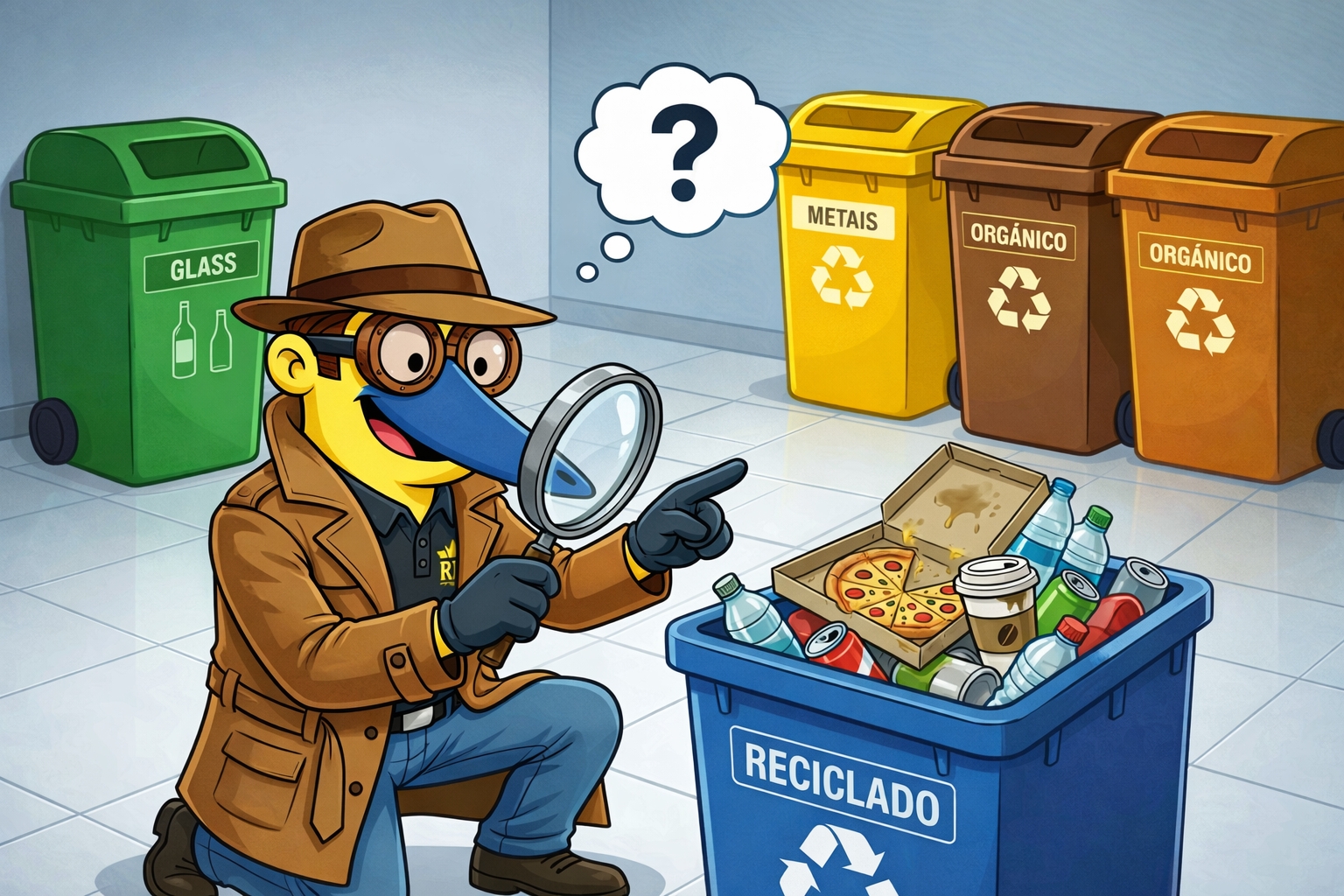 Detetive Berê investigando a lixeira azul