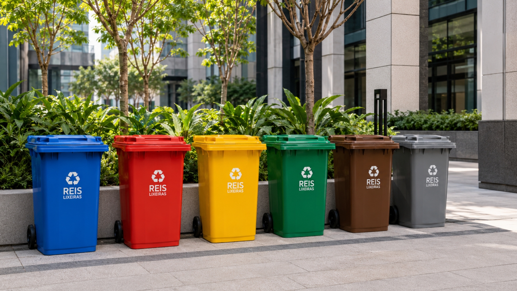 Containers de lixo e carros coletores da Reis Lixeiras em ambiente corporativo