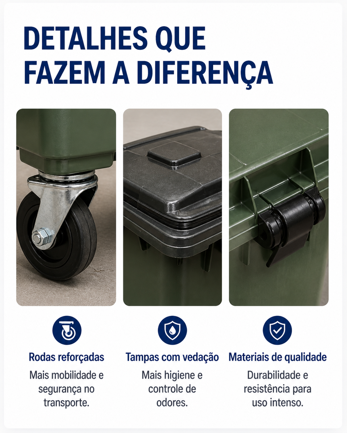Detalhes técnicos de lixeiras profissionais com rodas, tampas e materiais resistentes