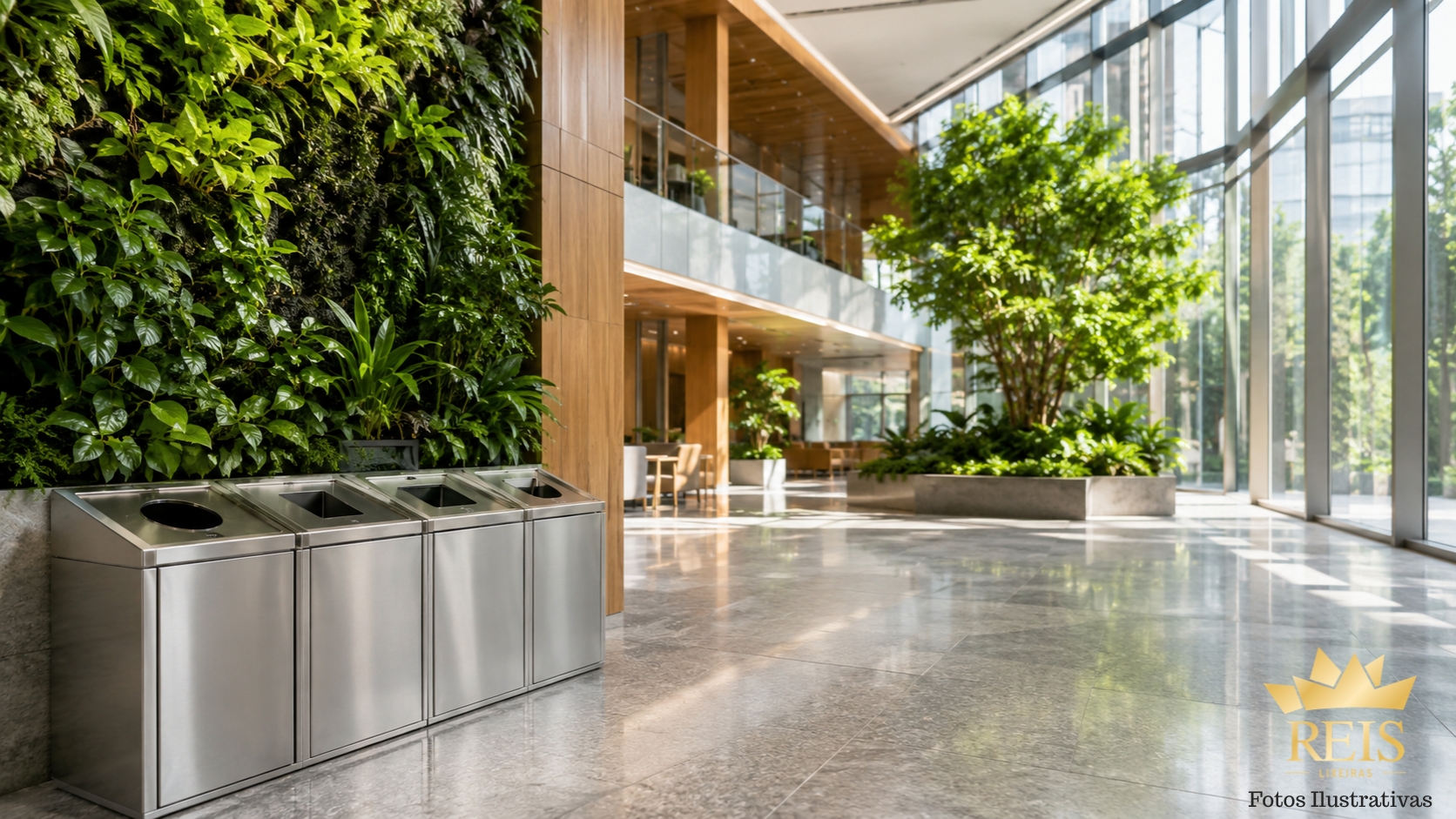 Estação de coleta seletiva integrada a edifício corporativo sustentável