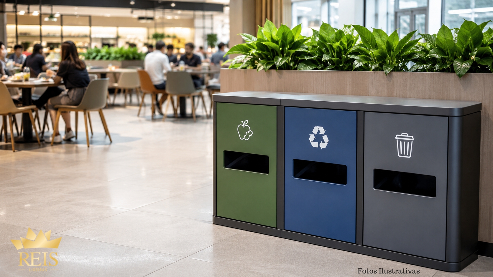 Estação de descarte em praça de alimentação corporativa