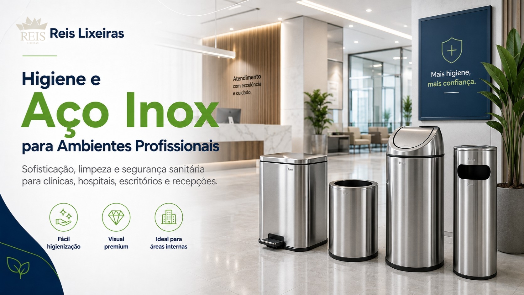Lixeiras em aço inox Reis Lixeiras para clínicas hospitais escritórios e recepções profissionais