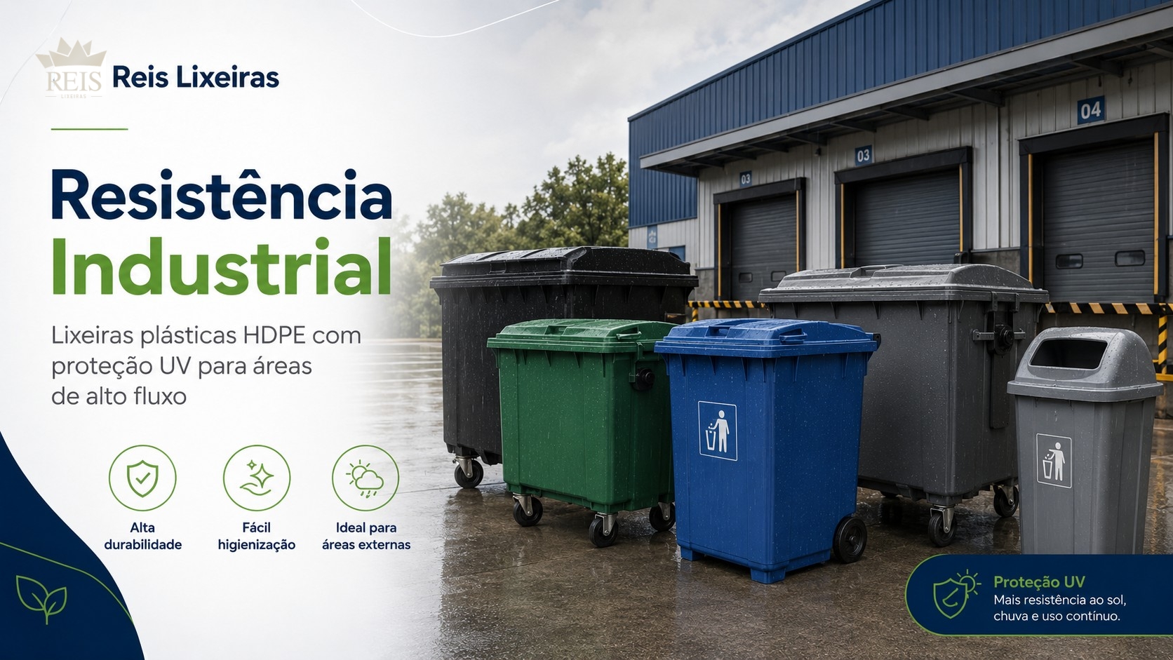Lixeiras plásticas HDPE Reis Lixeiras com proteção UV para áreas externas e alto fluxo
