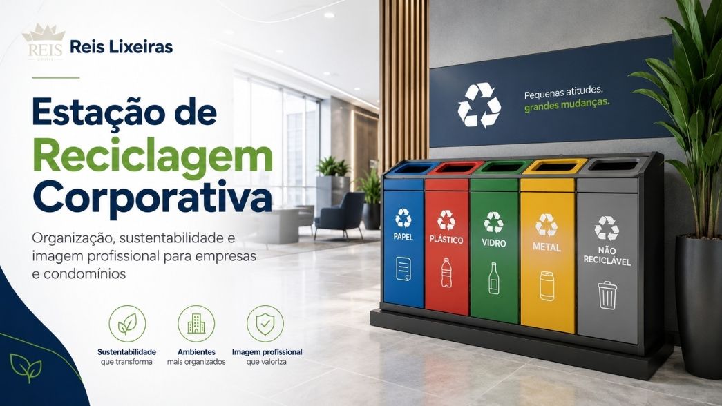Estação de reciclagem corporativa Reis Lixeiras para coleta seletiva em empresas e condomínios.