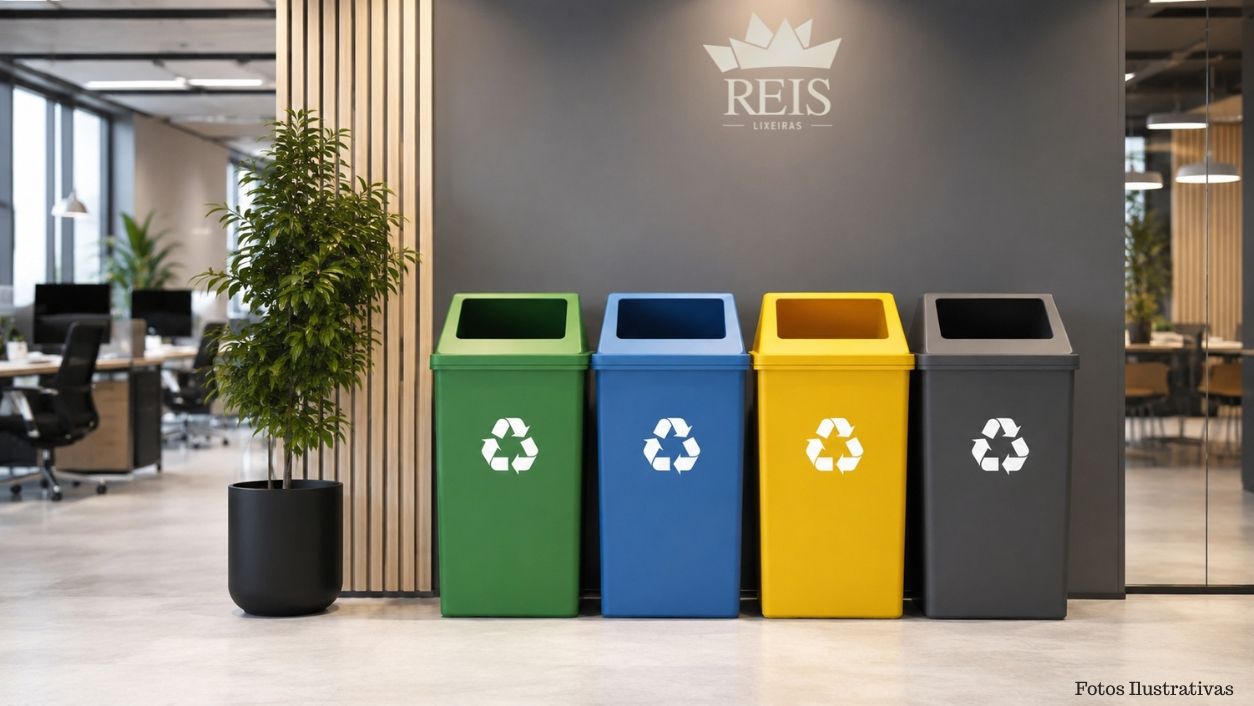 Estação de coleta seletiva em ambiente corporativo sustentável