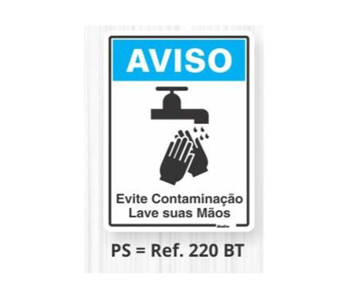 Placa Sinalizadora em Poliestireno 15 x 20 cm AVISO EVITE CONTAMINAÇÃO LAVE AS MÃOS