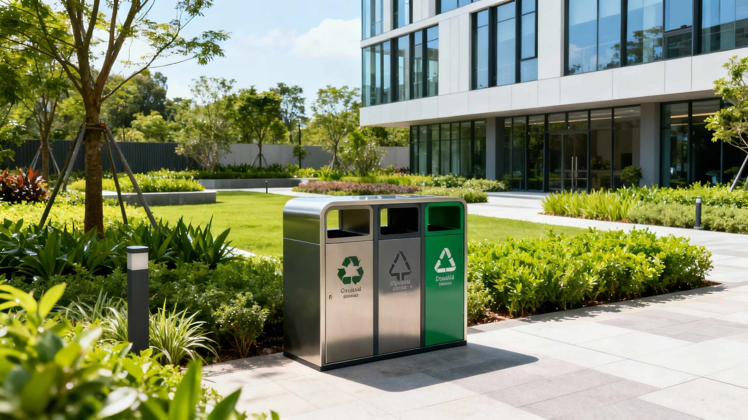 Lixeira inox em lobby de luxo para coleta seletiva