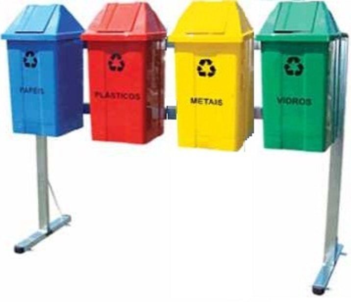 Conjunto de coleta seletiva com Quatro Lixeiras tampa Vai e vem com suporte 25 litros cada
